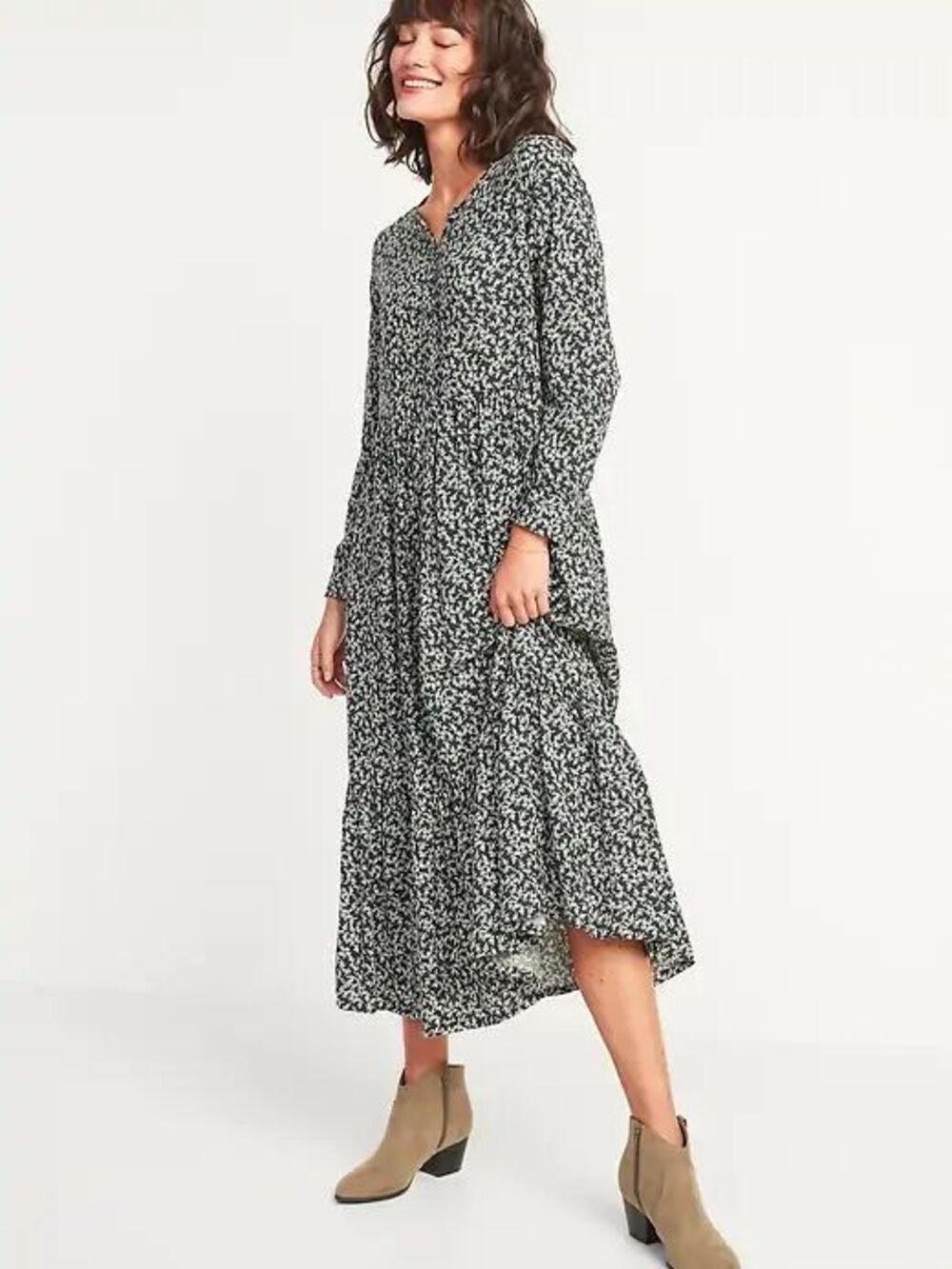 Old Navy ditsy micro floral boho prairie print tiered green maxi dress Large